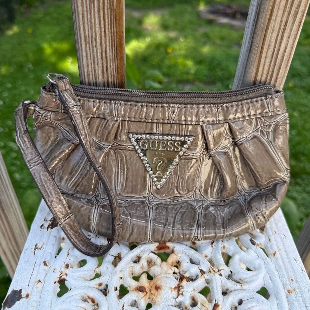 Y2K Guess Bronze Croc Embossed Patent Wristlet Rhinestone Triangle Logo Mini